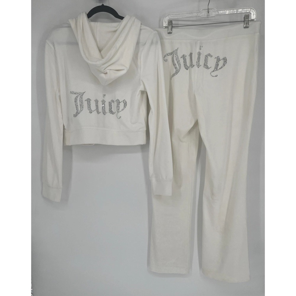 Juicy Couture Velour Tracksuit Hoodie Pants Size LG Oyster White Y2K Bling NWOT